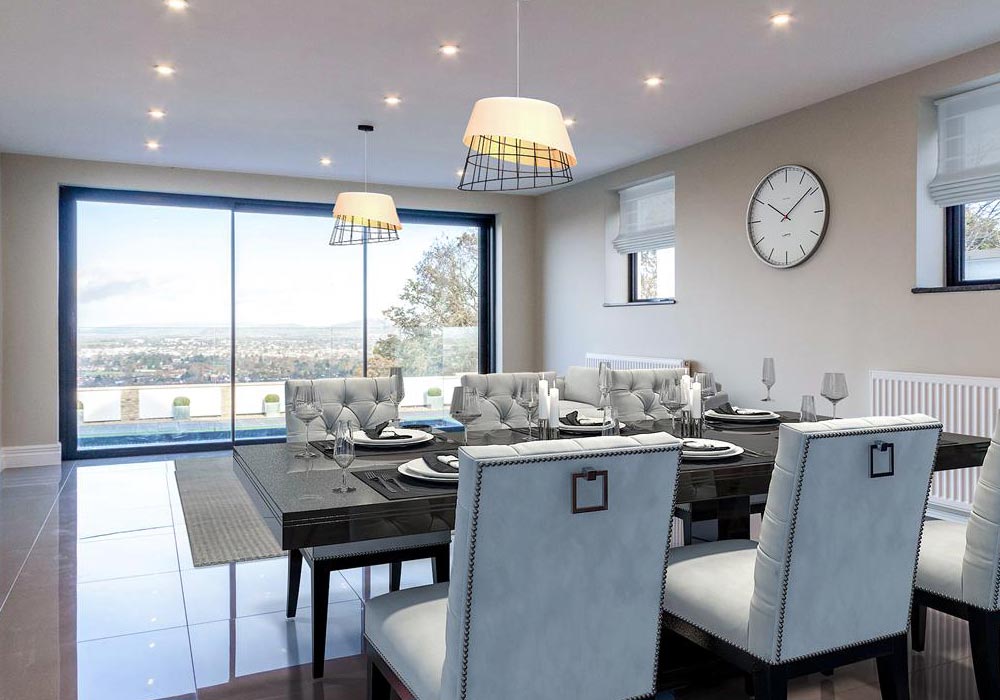 Modern dining room with panoramic sliding doors framing expansive countryside views, featuring elegant table setting and pendant lighting.