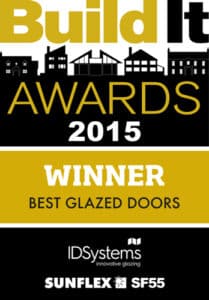 Build It Awards 2015 winner certificate for best glazed doors, featuring IDSystems Sunflex SF55 bifold doors product recognition.