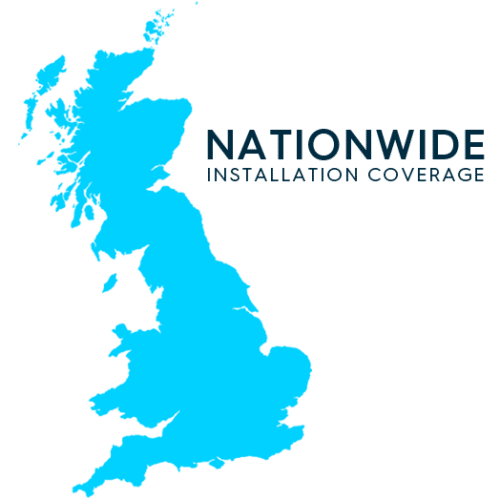IDSystems nationwide installation coverage map of the United Kingdom in bright cyan blue.
