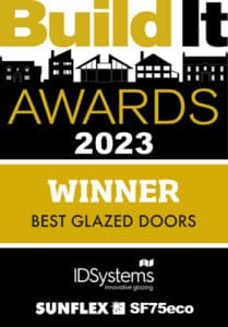 IDSystems Build It Awards 2023 winner badge for best glazed doors, featuring Sunflex SF75eco technology